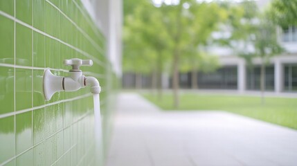 Outdoor water faucet on green tiled wall.  Water flows from a white faucet.  Calm, peaceful, and refreshing