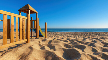 Wooden playground structure beside sandy beach with clear blue sky and calm ocean waves
