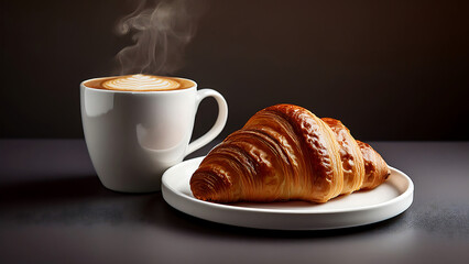 A steaming cup of cappuccino with latte art and a freshly baked croissant on a white plate