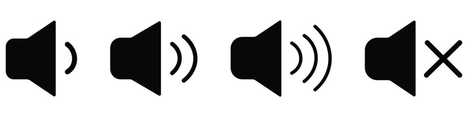 Sound volume icons set, Sound volume icons set with different signal levels on white background. Sound icon, volume symbol, speaker sign, audio control icon set. vector illustration.  
