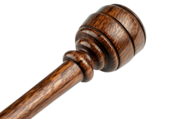 A close-up of a polished wooden judge gavel resting on its soundboard with fine grain details, isolated against a pure white background