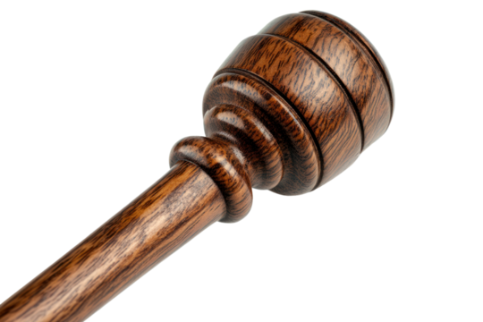 A close-up of a polished wooden judge gavel resting on its soundboard with fine grain details, isolated against a pure white background