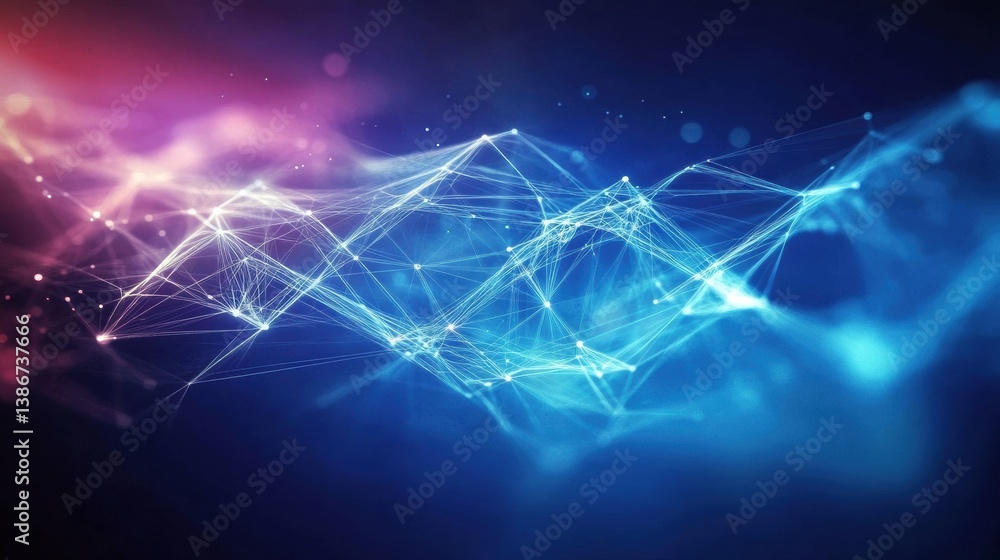 Poster futuristic abstract digital art with interconnected lines, dots, and wave-like structure on deep blu