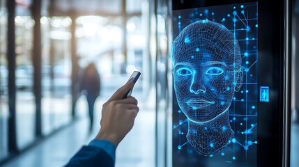 A person using a biometric facial recognition system for access control, office entrance setting with scanner displaying facial match, High-tech style