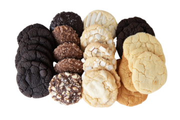 A detailed view of assorted cookies with various textures and flavors, such as almond, coconut, and vanilla, arranged artistically on a pristine white surface