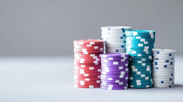 Several stacks of poker chips sit on a table. The stacks are red, purple, teal, and white. The image is well-lit and sharply focused. Its a clean, simple style. The colors are vibrant and create a