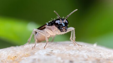 Naklejka premium A macro photograph shows a termite with a black head and pale body. It stands on a light-colored surface against a blurred green background. The image is high-resolution, showing fine details. The st