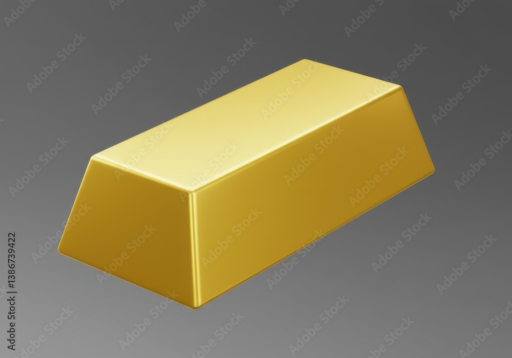 Poster a single gold bar resting on a gray surface with smooth edges and a trapezoidal shape visible in the