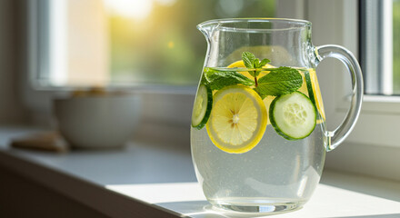 Clear pitcher of water with floating cucumber, lemon and mint near a sunny windowsill. 