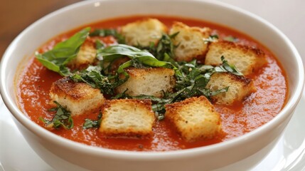 A bowl of creamy tomato soup with basil and croutons. Featuring comfort and warmth