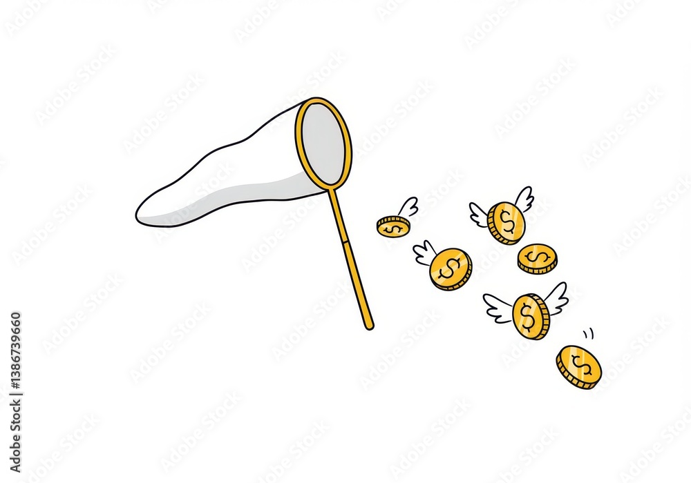 Poster a net trying to catch flying dollar coins with wings on a white background in a cartoon drawing styl