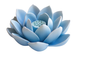 Obraz premium A light blue lotus with soft, curved petals and a subtle gradient of color, placed on a white, smooth surface, symbolizing calmness and serenity