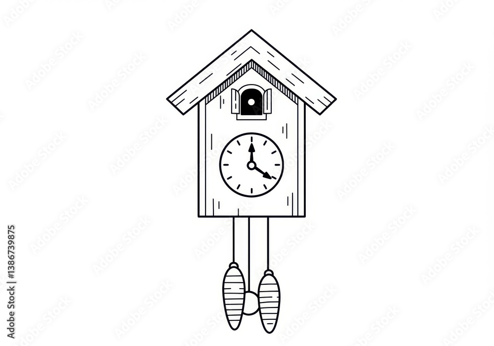 Aufkleber a simple line drawing of a cuckoo clock with weights and a roof on a plain white background style