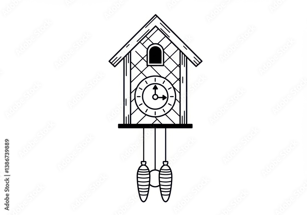 Aufkleber a simple line drawing of a cuckoo clock with weights hanging from the bottom on a white background