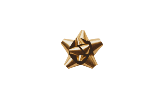 A minimalist shot of a gold ribbon with a perfectly tied bow, positioned in the center of a smooth white background, creating a classic, clean look