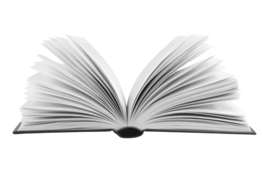 A neatly opened hardcover book on a white background, pages slightly curved and text softly blurred, creating a serene and minimal aesthetic
