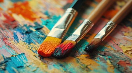 Fototapeta premium Three Paintbrushes Laying On A Palette Of Mixed Colors
