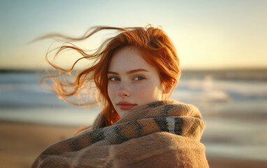 Golden hour sunlight kisses a redheads face, her hair dances in the sea breeze, a peaceful beach scene unfolds.