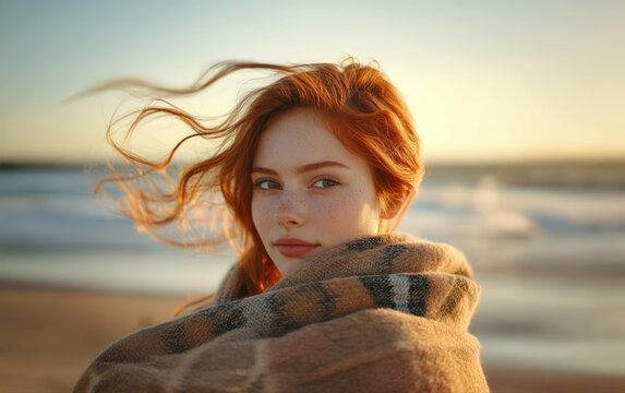 Golden hour sunlight kisses a redheads face, her hair dances in the sea breeze, a peaceful beach scene unfolds.