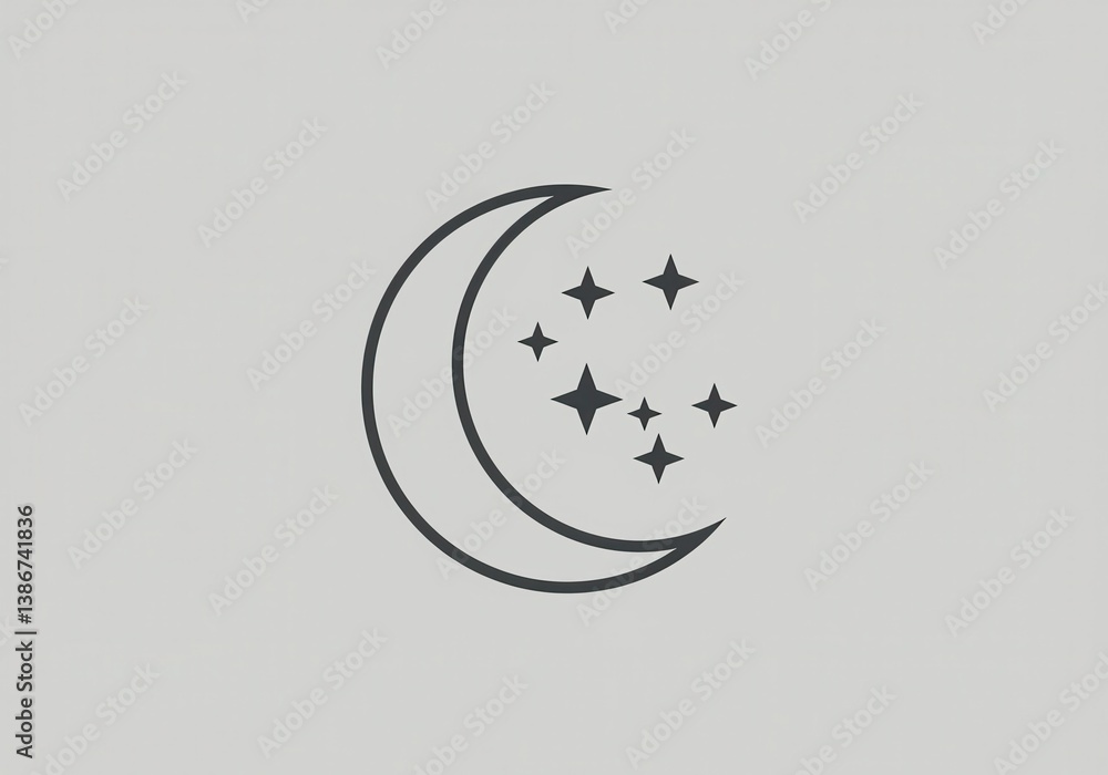 Poster a simple illustration of a crescent moon with five stars on a light gray colored background design e