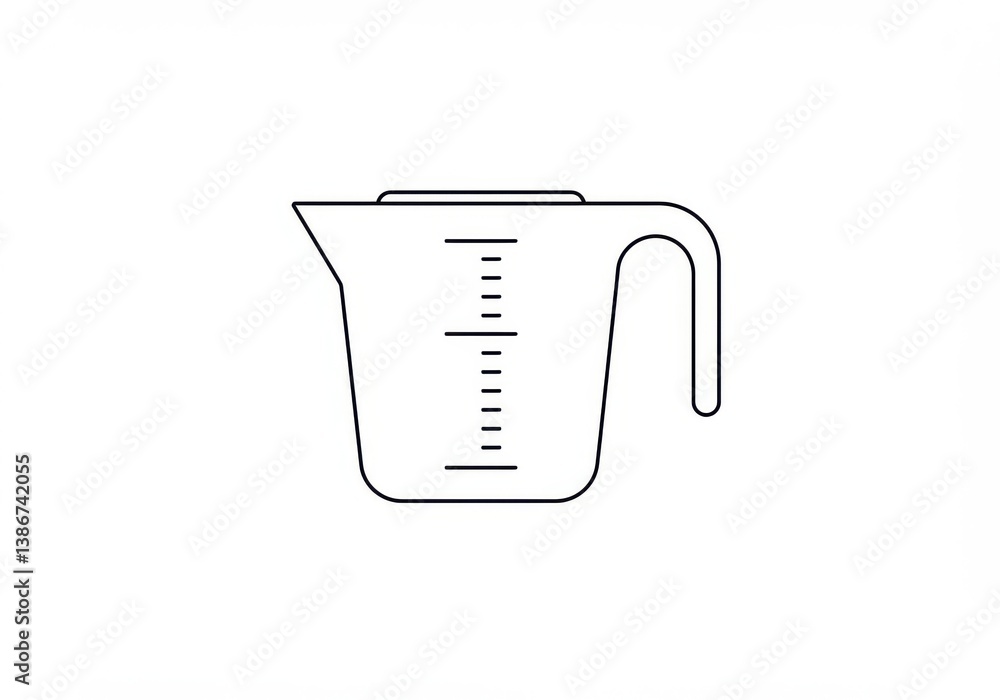 Poster a line drawing of a measuring cup with a handle and measurement markings on a white background space