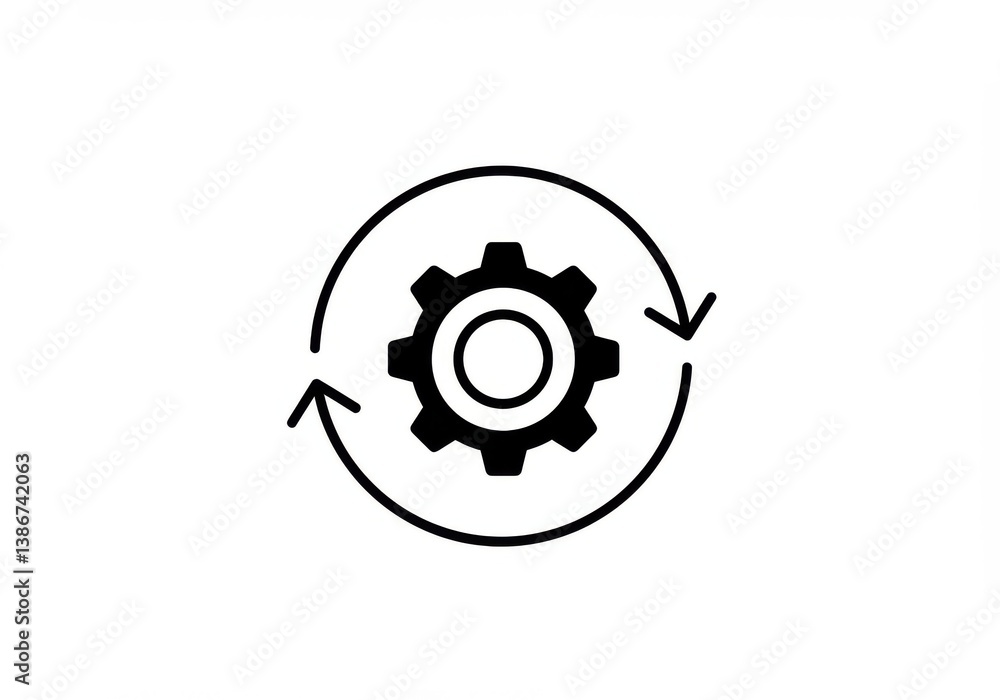 Poster black gear icon with circular arrows indicating rotation on a plain white background in simple style