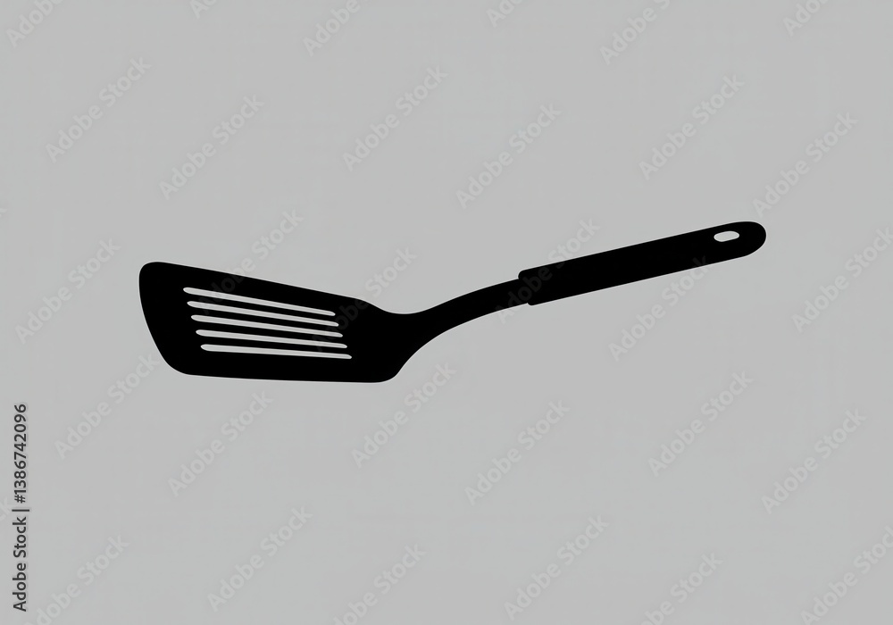 Poster a black slotted spatula with a handle on a gray background in a simple studio shot design style