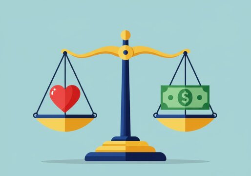 Illustration of a balance scale comparing a red heart and a green dollar bill on a light blue background