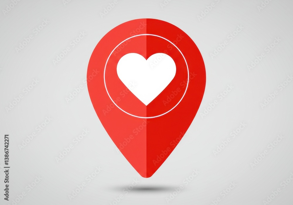 Poster a red location pin with a white heart inside a white circle on a light gray background with a shadow