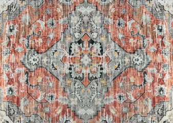 Close up classic vintage Turkish, Arabic, and middle eastern carpet texture. Weathered rug with grunge and floral swirls pattern, and ornamental medallion in the center. In red, grey, and white color.
