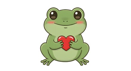 Fototapeta premium Kawaii Frog Holding Red Heart and Smiling on White Background