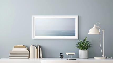 A white rectangular frame in a peaceful study, mounted above a clean desk with books, a desk lamp, and a small plant HD 8K mockup wallpaper Photographic Image