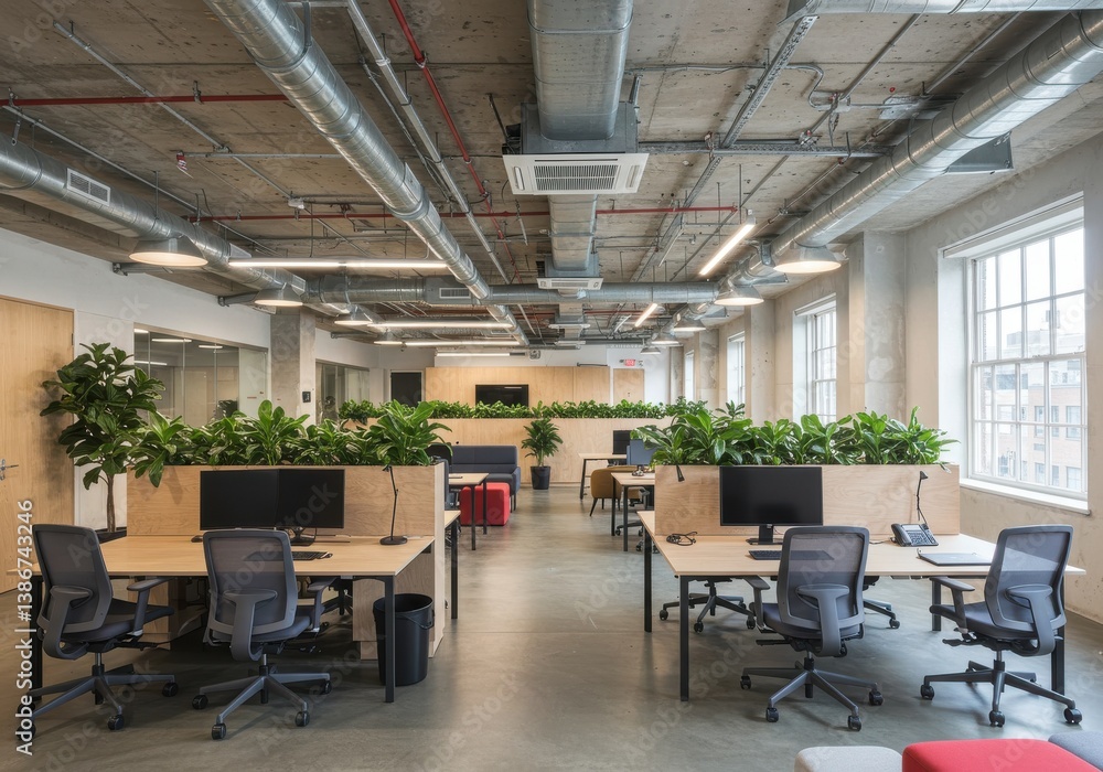 Poster view of a modern open office space with desks chairs plants and exposed ceiling architecture design