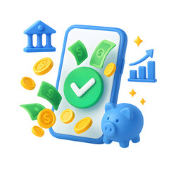 3D mobile finance success icon with piggy bank in PNG transparent background for business, banking, and money management illustration.
