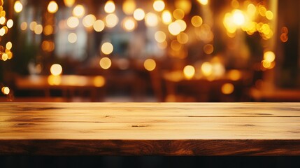 Empty Wooden Table Top in Cozy Cafe Interior with Soft Lighting, Low Angle Shot for Focus
