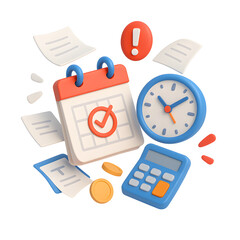 3D tax deadline stress icon with calendar, documents and clock in PNG transparent background for business and finance pressure visuals.

