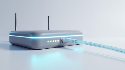 Modern Wi-Fi Router Mockup with Blue LEDs, Dual Antennas, and Fiber Optic Connection.