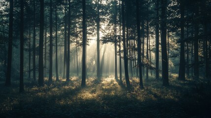 Obraz premium Sunlight filtering through a dense forest creating ethereal atmosphere