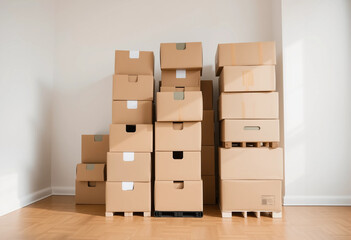 A stack of cardboard boxes is piled up against a wall