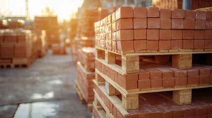 Pallets of red bricks outdoors at sunset.