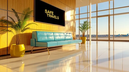 Bright and modern airport lounge with a blue sofa, welcoming atmosphere, and plants, perfect for travelers. Safe Travels!