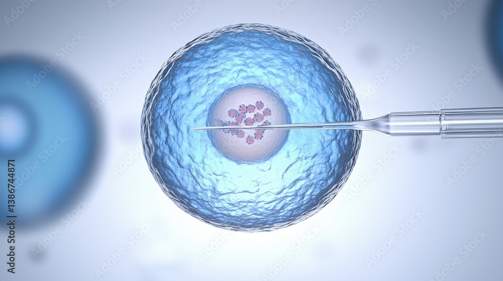 Poster ivf - in vitro fertilization process, microscopic view of a cell being manipulated with a pipette in