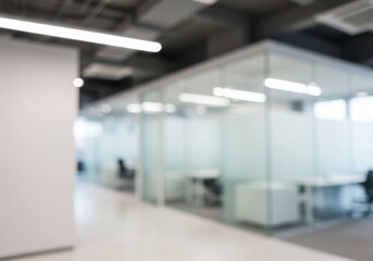 Blurred view of an office space with glass cubicles and white walls and ceiling lights above the cubicles