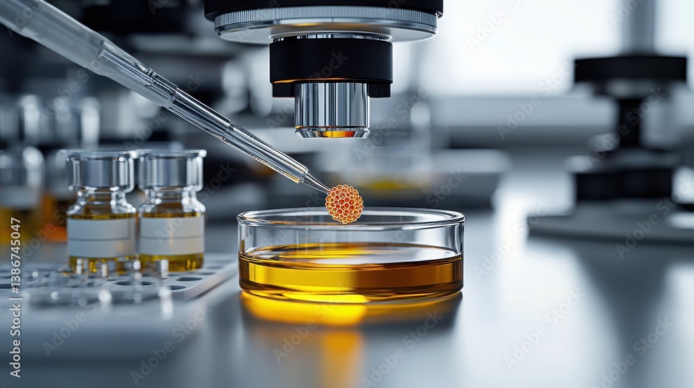 Poster ivf - in vitro fertilization process, microscope with a pipette over a petri dish containing liquid,