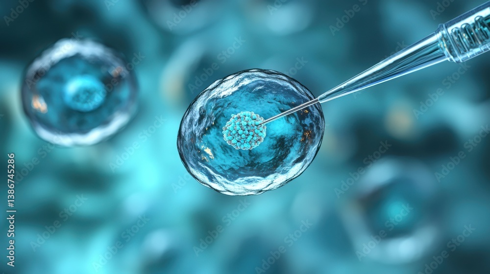Poster ivf - in vitro fertilization process, microscopic view of cells with a pipette, showcasing cellular 