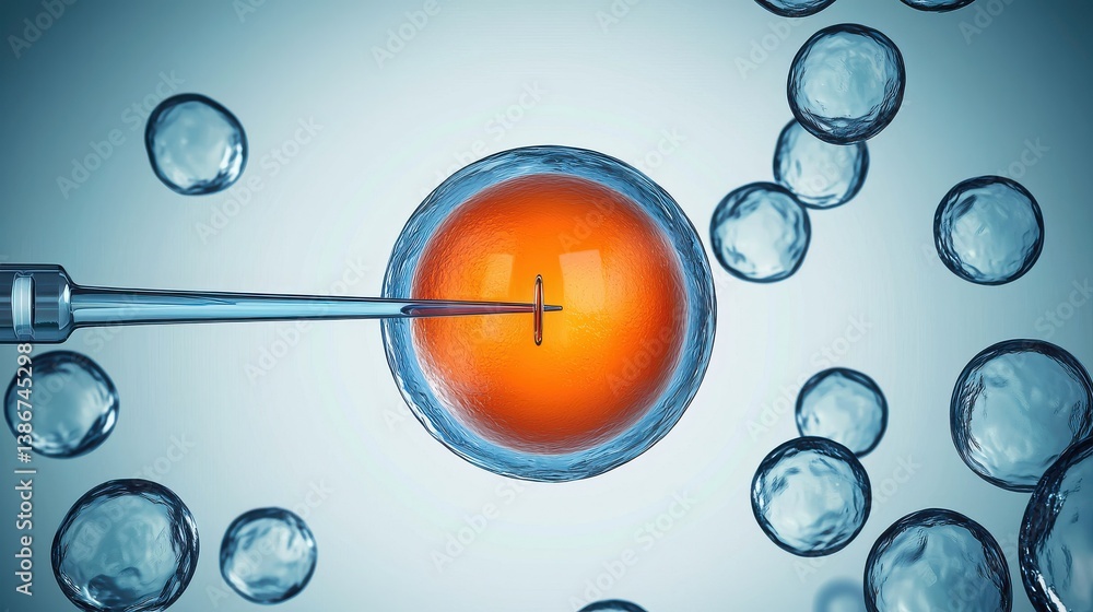 Poster ivf - in vitro fertilization process, microscopic view of a syringe injecting into a cell, represent