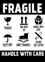 Vector Icons Set for Fragile Packages, Logistics and Shipping Delivery Labels. Fragile Package Concept. Print Ready Design. Ensure Safe Handling