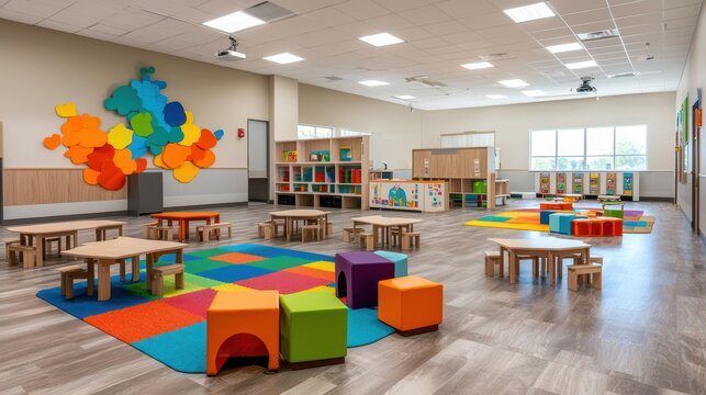 Bright, colorful preschool classroom interior.