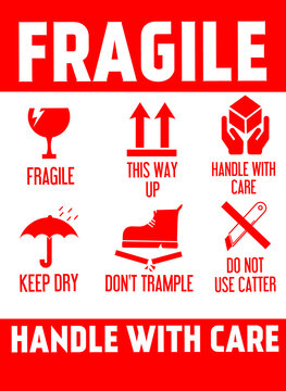 Fragile package icons set, handle with care logistics and delivery shipping labels. Fragile box. Just Print and Use, Vector,PRINTABLE FRAGILE PLEASE HANDLE WITH CARE - WHITE RED COLOR