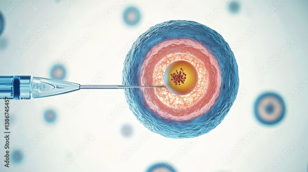 Poster ivf - in vitro fertilization process, microscopic view of a cell being injected, showcasing biologic